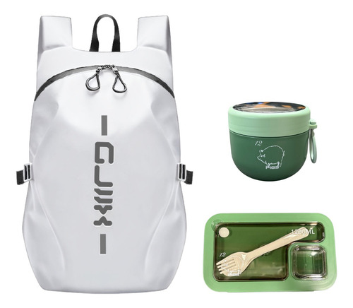 Mochila Impermeable Para Laptop Con Fiambrera Y Tazon Viaje Blanco/verde Liso