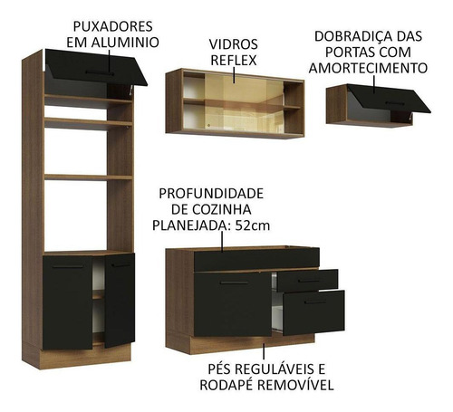 Cozinha Completa Agata Madesa 270004 C Armá Balcão S Tamp Rp Cor Rustic/Preto