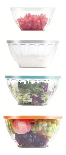 Ensaladera Bowls Kit X4 Transparente Colores Tapa Silicona Color Blanco