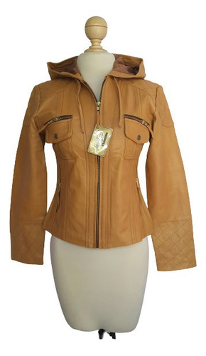 Cazadora Piel Estilo Biker Color Ocre Dorado