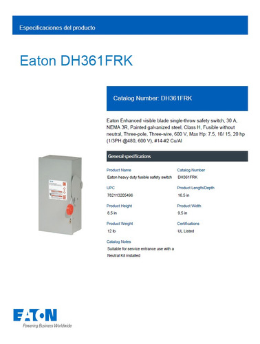 Interruptor Seguridad 30a 3p 600v C/p Dh361frk - Eaton