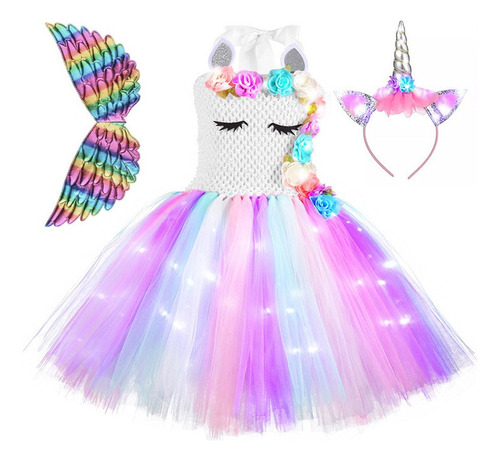 Vestido De Princesa Unicornio Con Luz Led De 3 Piezas Y Diad