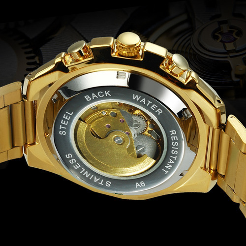 Imagen 3 de 10 de Reloj De Marca Winner Automático Hombre Skeleton Dorado