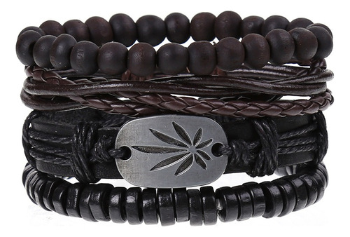 Conjunto Set Pulsera Brazalete Cuero Dije Marihuana Planta 