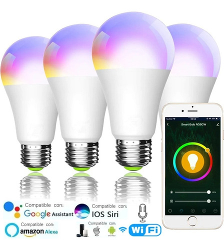 Imagen 1 de 8 de Foco Led Rgb Wifi Bombilla Inteligente Multicolor Set De 4