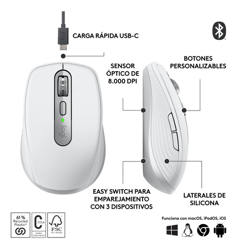 Mouse Inalámbrico Compacto Logitech Mx Anywhere 3s Blanco