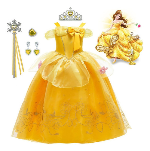 Vestido De Princesa De Bella Con Accesorios Para Niñas