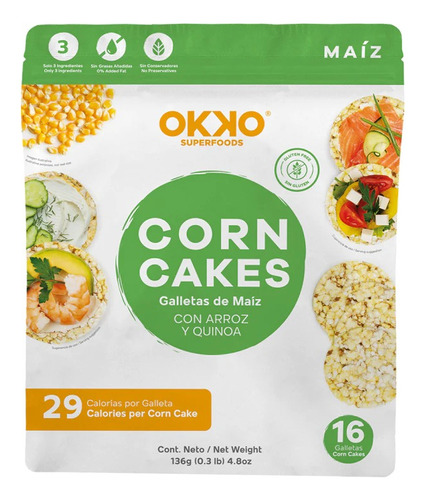Snack Corn Rice Galletas Maíz, Quinoa Y Arroz Okko® 16 Pzas