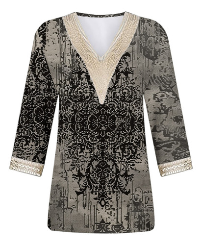 Blusa Moderna Con Estampado De Encaje Con Cuello En V Y Cuel