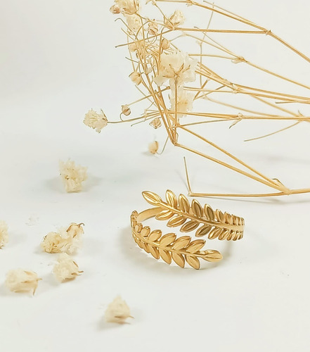 Imagen 9 de 10 de Anillo Ajustable Espiga Dorada Hoja Enchapado En Oro 18k