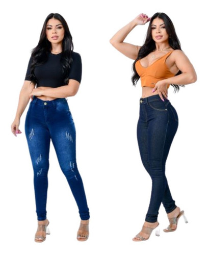 Kit 2 Calças Jeans Feminina Cintura Alta Levanta Bumbum Lycr