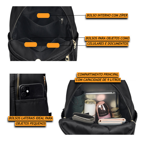 Mini Bolsa TokShop Mochila Feminina Pequena De Costas Com Chaveiro Cor Preto Desenho Do Tecido Liso Com Detalhes Exclusivos