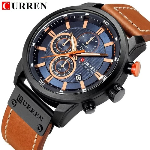 Relogio Masculino Curren Com Couro Marrom Legitimo Chronos Funcionam Todos Caixa Preta Fosca De 50mm Com Frete Gratis.