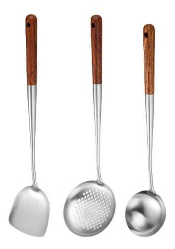 Wok Espátula Cucharón Skimmer Práctico Mango De Madera