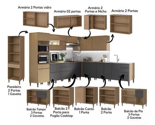 Jogo De Cozinha Completa Modulada Malbec Avelã 08 Peças Peternella