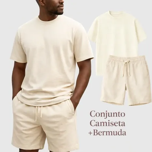 Conjunto Masculino Camiseta Básica E Bermuda Linho Kit Homem