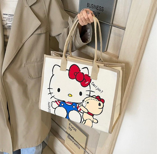 Bolsa De Lona Hello Kitty Grande De Hombro 32x40cm Beige Estampado Níquel Beige