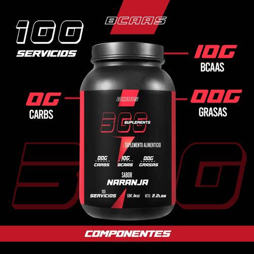 Aminoácidos Bcaas 300 Suplements 1 Kg Sabores 100 Servicios Naranja