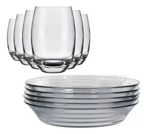 Jogo De 6 Pratos E 6 Copos Vidro Elegante Buffet Restaurante Tran...