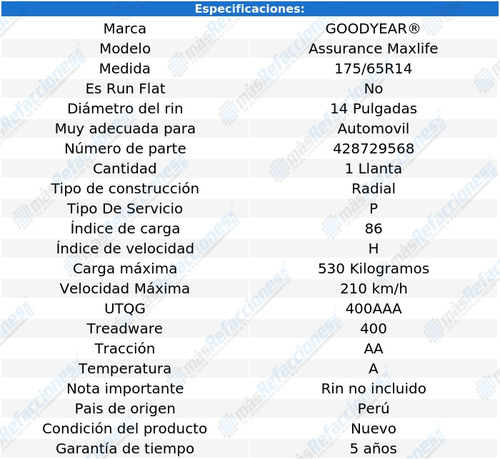 Llanta 175/65r14 Goodyear Assurance Maxlife Rango 82t