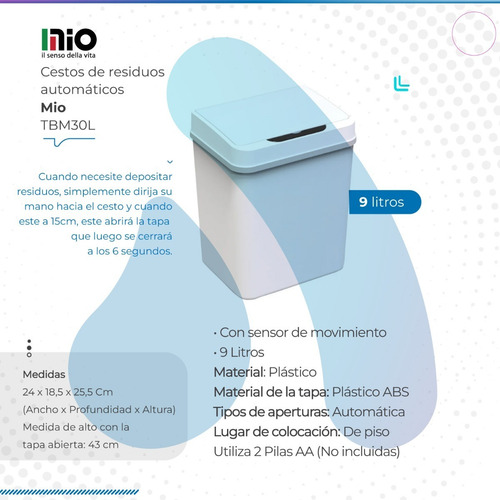 Imagen 2 de 9 de Cesto De Residuos Mio Rectangular Blanco Automático 9lts
