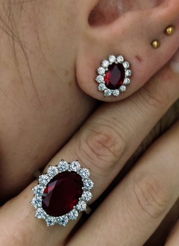 Conjunto Anel E Brinco Cristais Lady Dai Vermelho Zirconia
