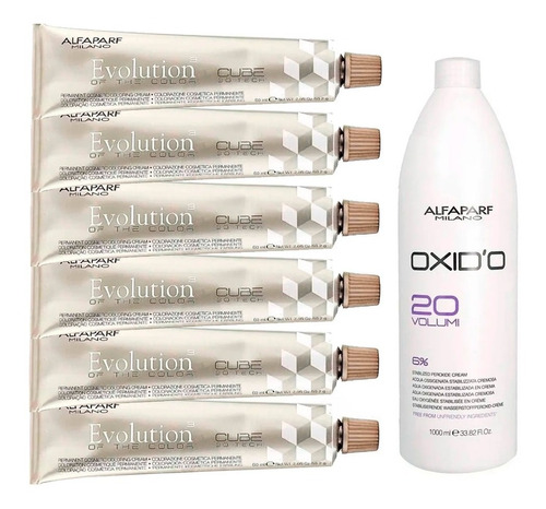 Kit 6 Tinturas Alfaparf Evolution + Crema Oxidante X 1000 Ml