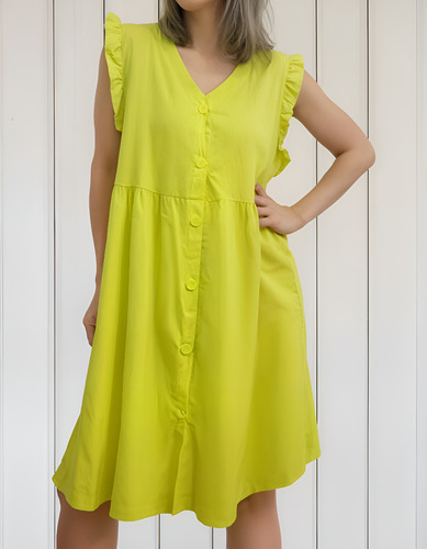 Vestido Corto De Lino Premiun Con Botones Tendencia