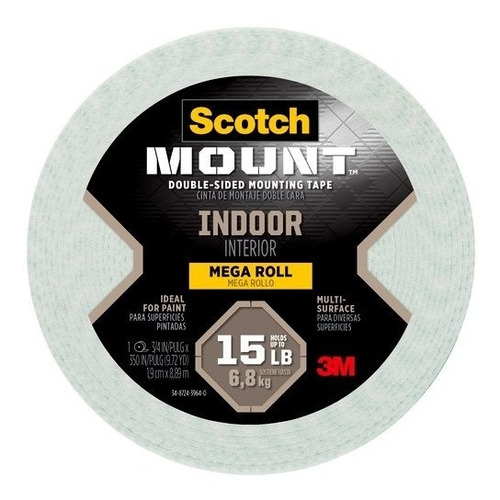 Cinta Doble Cara Scotch-mount Indoor 19x8.89mm, Mega Roll 3m