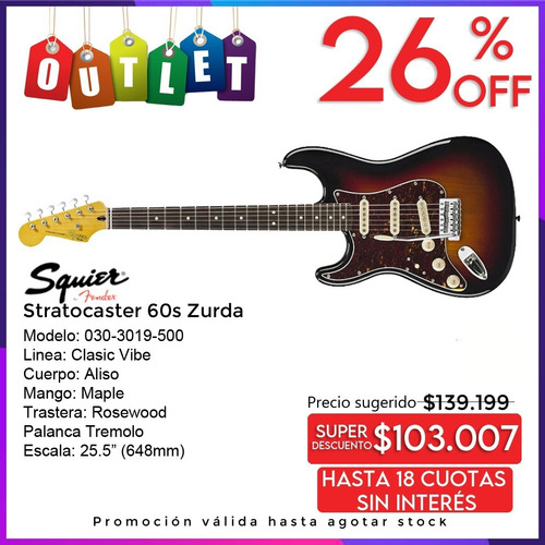 Imagen 1 de 8 de Guitarra Electrica Squier Strato Classicvibe 60 Zurda Outlet