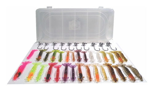 Camarões Artificiais Kit Peva  30 Camarões+10 Jigs + Estojo