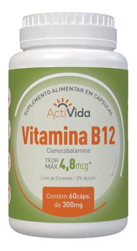 	 Vitamina B12 Cianocobalamina 60 Cápsulas Sem Sabor Sem Glúten