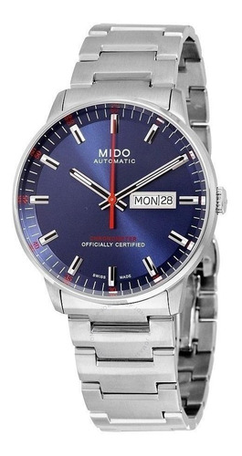 Relógio de pulso Mido Commander Chronometer M021.431 com corpo cinza,  analógico, fundo  azul, com correia de aço inoxidável cor cinza, agulhas cor cinza, preto e vermelho, subdials de cor cinza e preto, ponteiro de minutos/segundos cinza, bisel cor cinza e dobrável