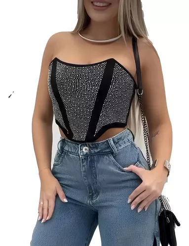 Blusa Top Cropped Corselet Tomara Que Caia Strass Barbatana