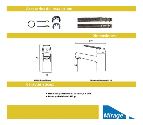 Llave Monomando Lavatorio Lavamanos Cromado Mirage Taumm