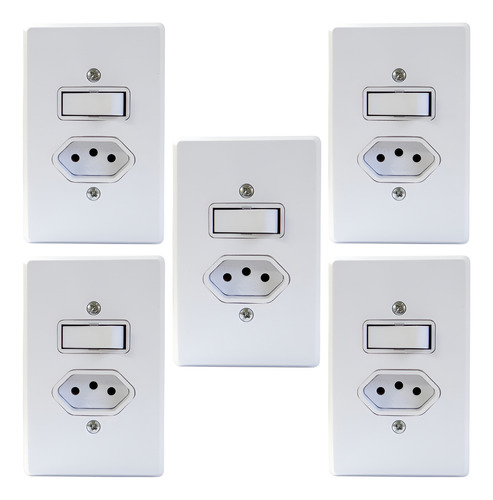 Kit C/5 Tomada 10a 2p+t Placa + Interruptor Simples 1 Tecla 