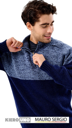Sweater Hombre Pullover Lana Bicolor Cuello Con Cierre