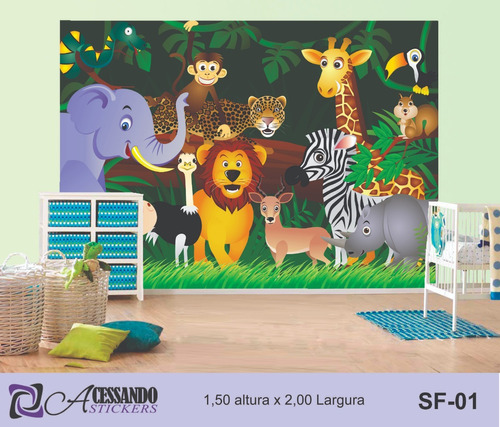 Papel Parede Adesivo Infantil Adesivo Zoo Safari 1,7x2,6 Mts