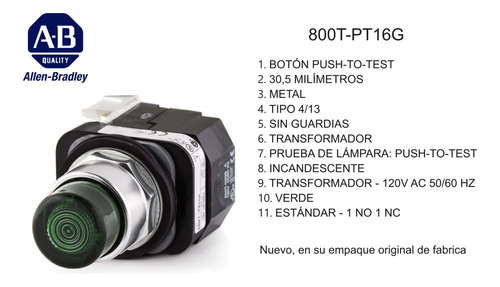 Luz Piloto 30mm Marca Allen Bradley Modelo 800t-pt16g