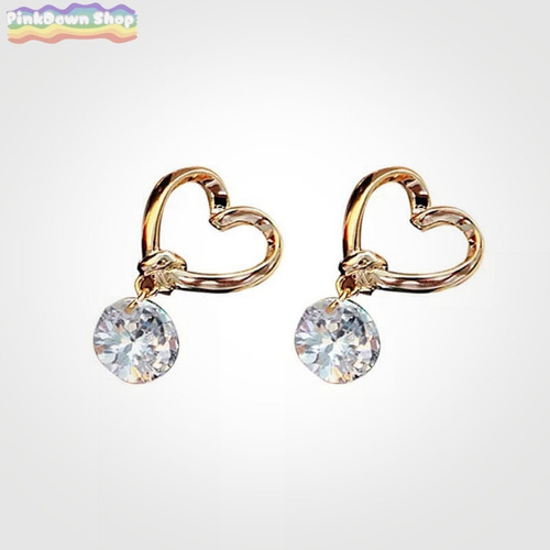 Aretes Oro Corazon Y Diamantes Colgantes Para Niña Y Mujer