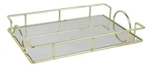 Bandeja  Decorativa Retangular Com Espelho - Oasis Dourada Dourado