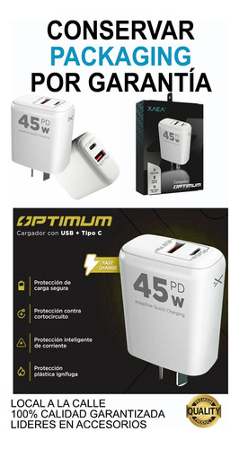 Cargador Carga Rápida Celular 45w Usb Usb C Cabezal Blanco