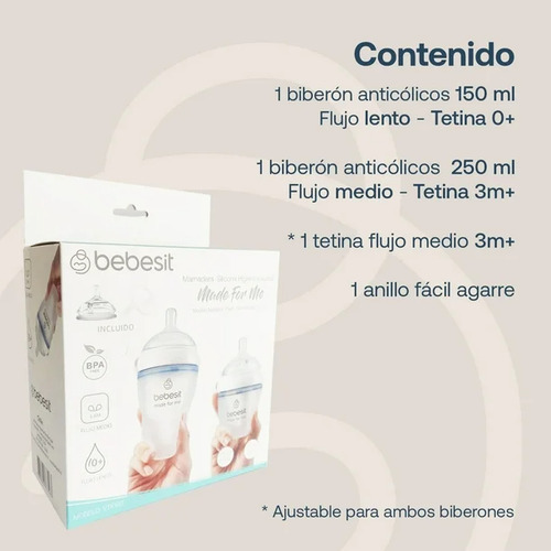 Set 2 Biberones + Tetina + Asa Bebesit Flujo Adaptable 5/8oz Blanco
