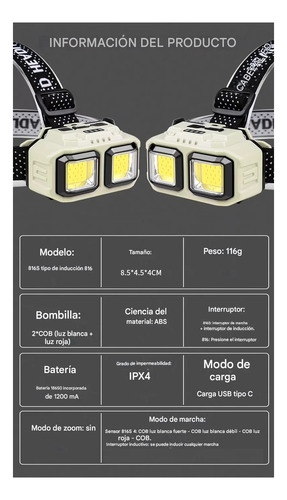 Lampara Linterna Frontal Potente Cob Recargable Luz Cabeza