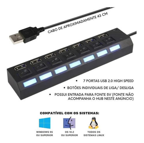 Imagem 7 de 8 de Hub De Usb 7 Portas 2.0 Hd Extensor High Speed Pen Drive Hd