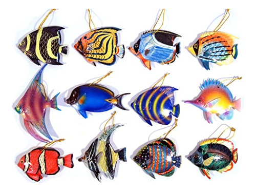 H&h - Lote De 12 Adornos Para Peces Tropicales Pintados A Ma