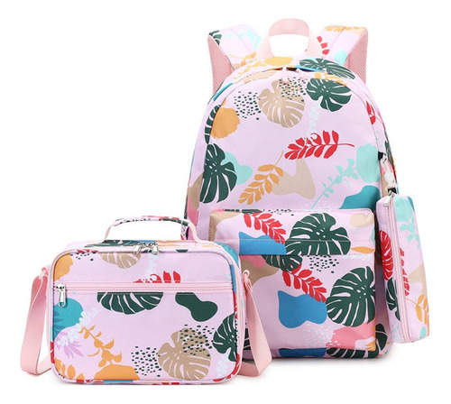 3pcs Kit De Mochila Escolar Con Estampado De Hojas Coloridas