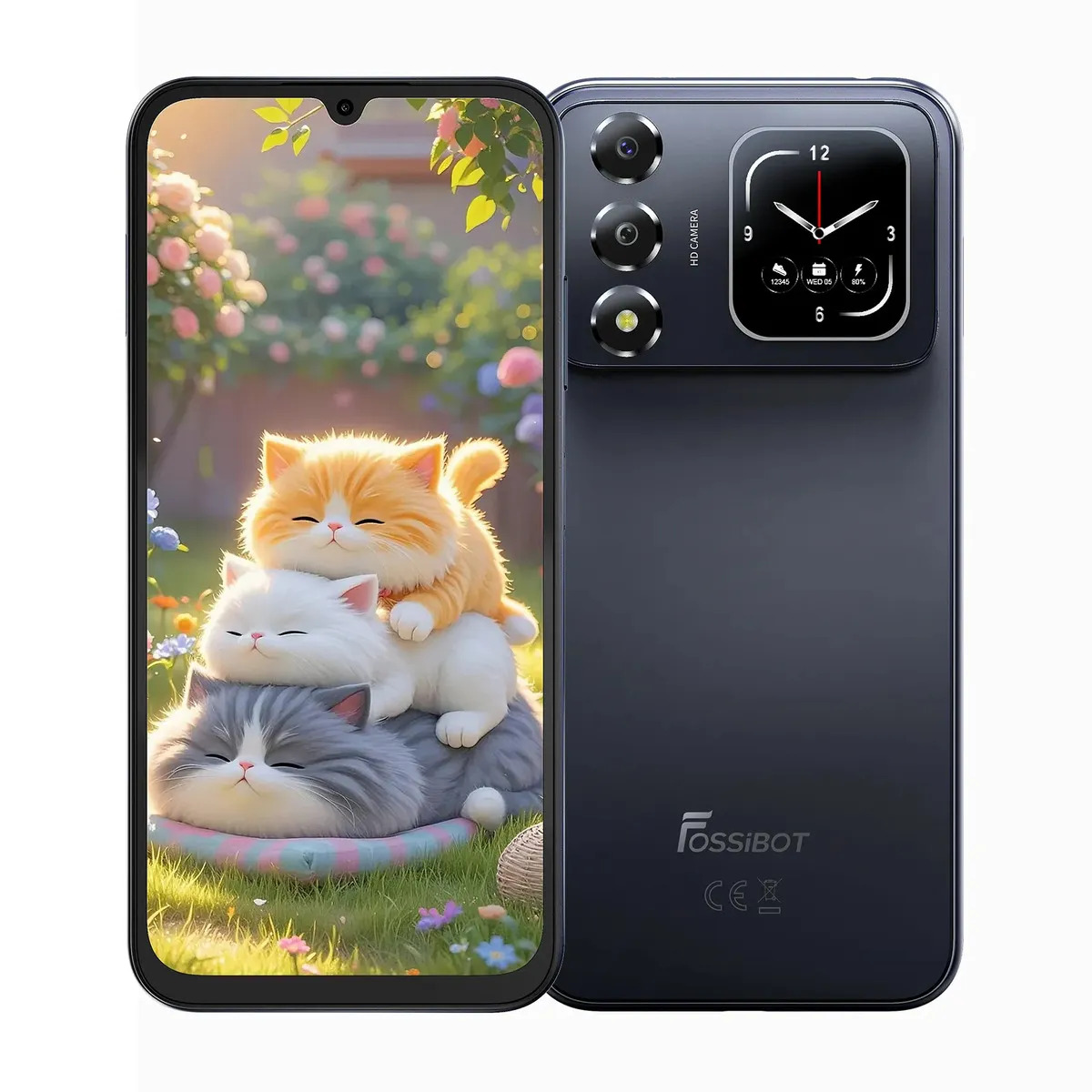 Celular Fossibot S7 Dual Sim 128 GB ROM 16 (4+12) gb RAM Phone with back screen 5000 mah Android 16 Black