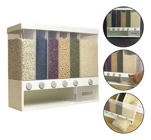 Dispenser Per Cereali MINRS - 6 Scomparti Rimovibili, Capacità 10 Litri, Bianco, Montabile A Parete O Autoportante