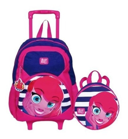 Mochila Escolar Infantil Rodinhas Any Malu Tam G + Lancheira